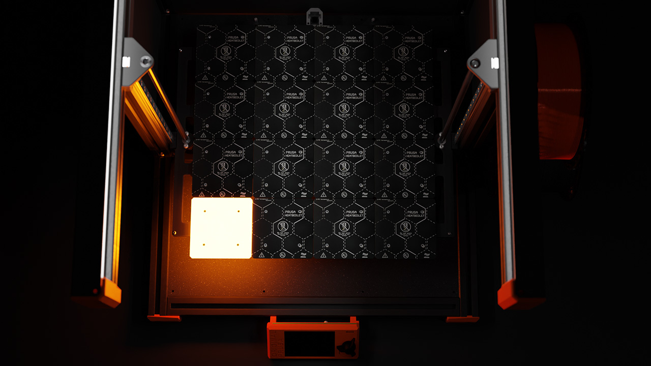 Original Prusa XL modular heatbed with one heatbedlet highlighted in orange