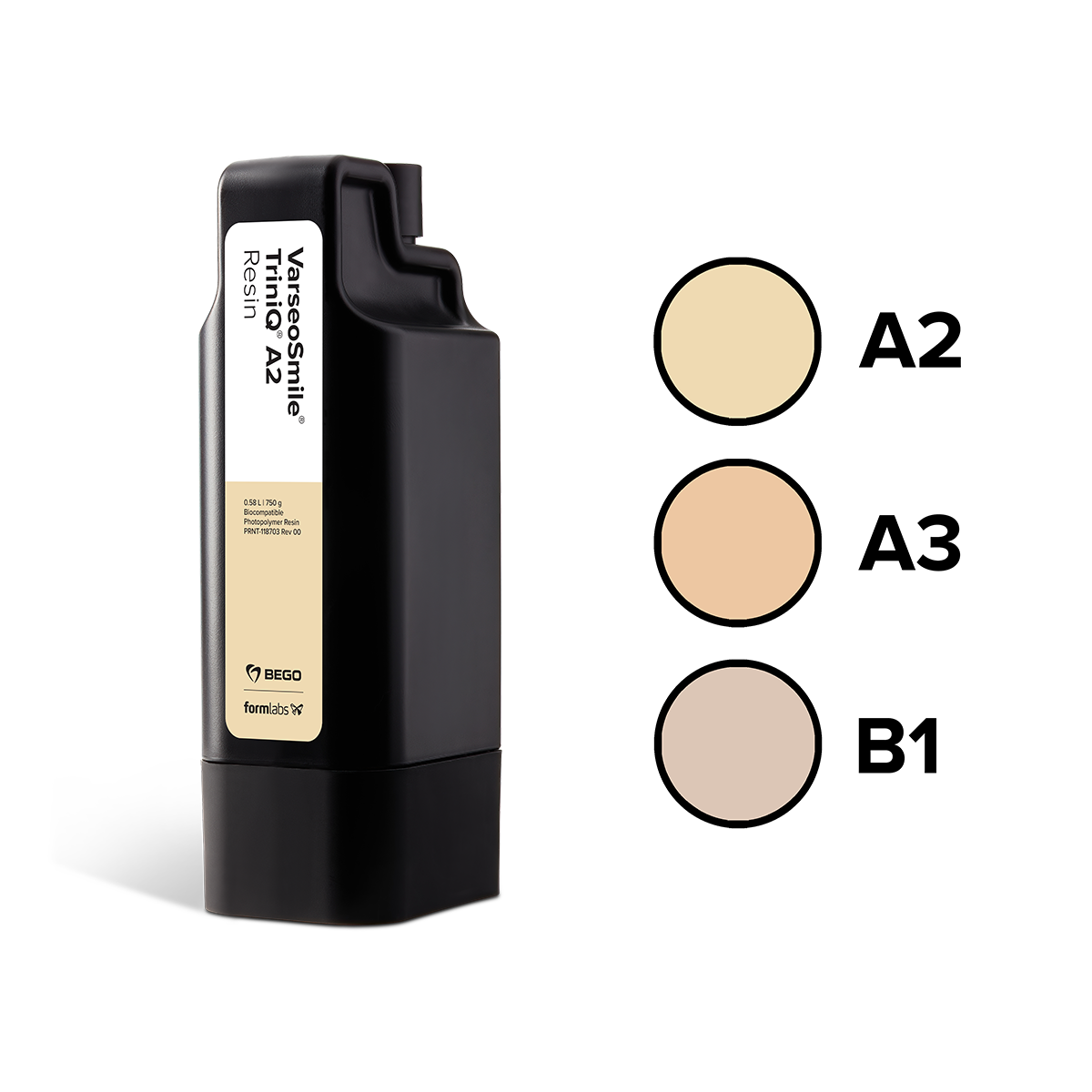 BEGO VarseoSmile TriniQ Resin cartridge with VITA shade swatches